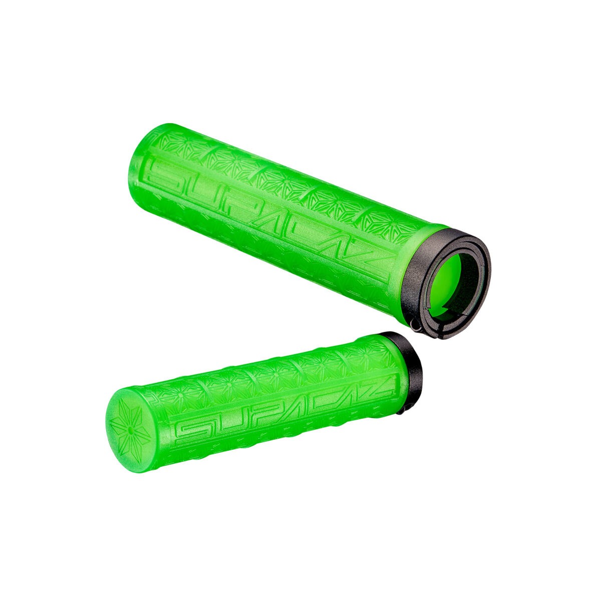 Puños bicicleta montaña Supacaz Grizips color verde neón con anillo de bloqueo negro.