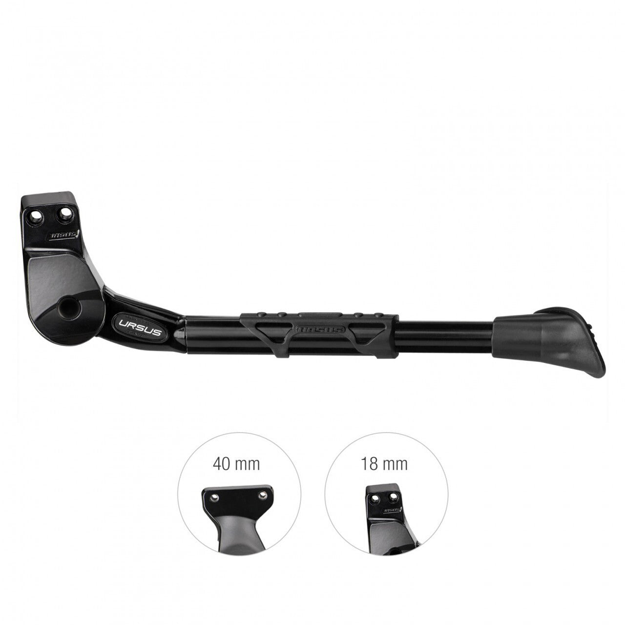 Pata de cabra reforzada Ursus King 2XL negra montaje trasero 18mm para bicicleta eléctrica.